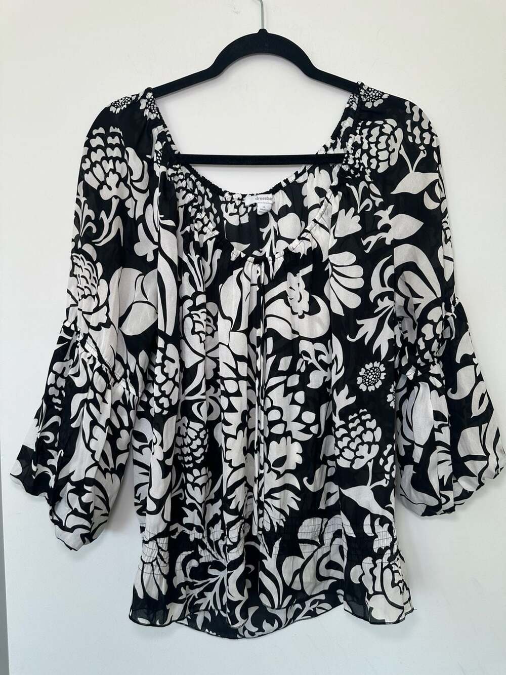 Dressbarn Floral Blouse Size L Black White Bell Sleeve Top